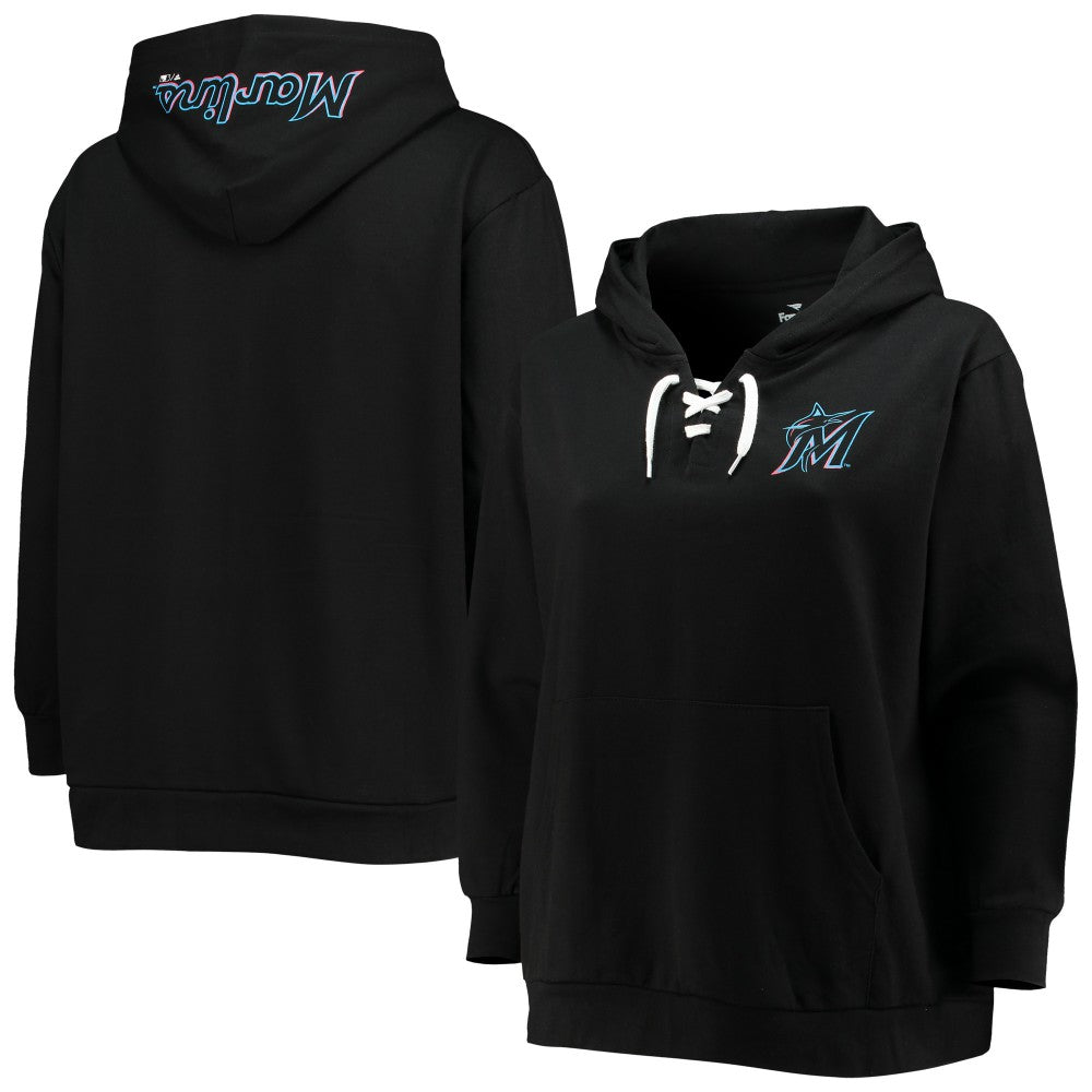 Miami Marlins Women's Plus Size Lace-Up V-Neck Pullover Hoodie - MLB Hoodies