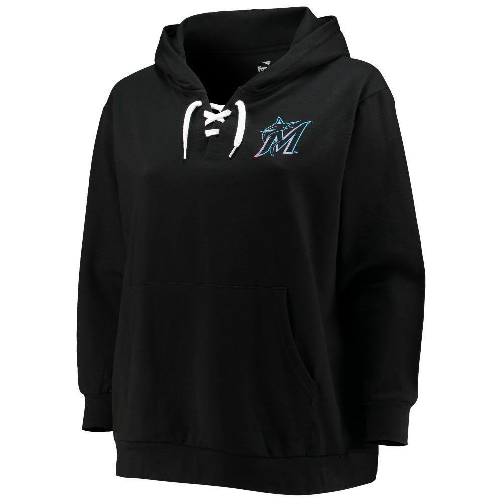 Miami Marlins Women's Plus Size Lace-Up V-Neck Pullover Hoodie - MLB Hoodies