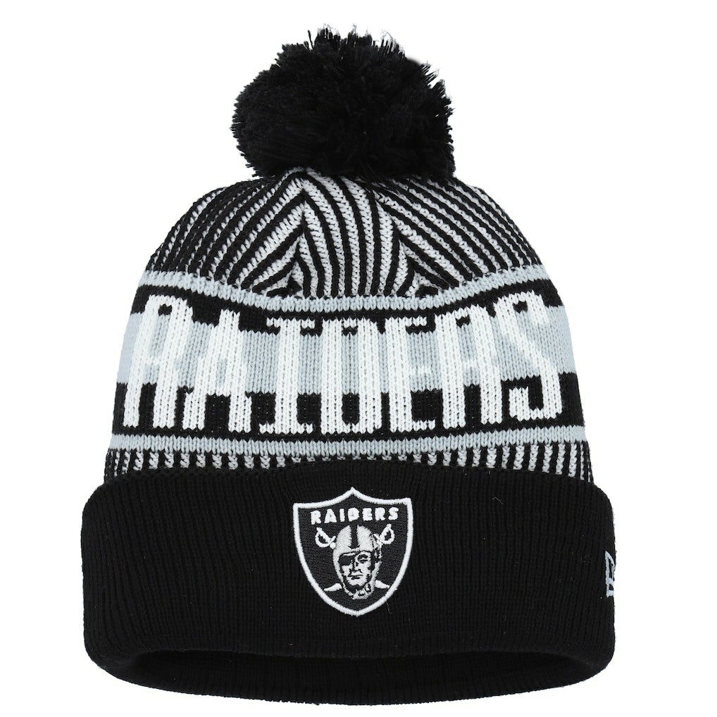 Las Vegas Raiders Youth Striped Cuffed Knit Hat with Pom | NFL Online