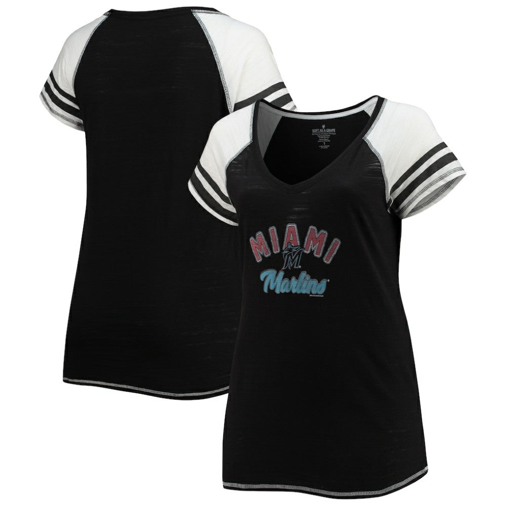 Miami Marlins Soft as a Grape Women's Curvy Color Block Tri-Blend Raglan V-Neck T-Shirt - MLB T-shirts