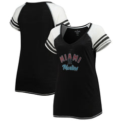 Miami Marlins Soft as a Grape Women's Curvy Color Block Tri-Blend Raglan V-Neck T-Shirt - MLB T-shirts