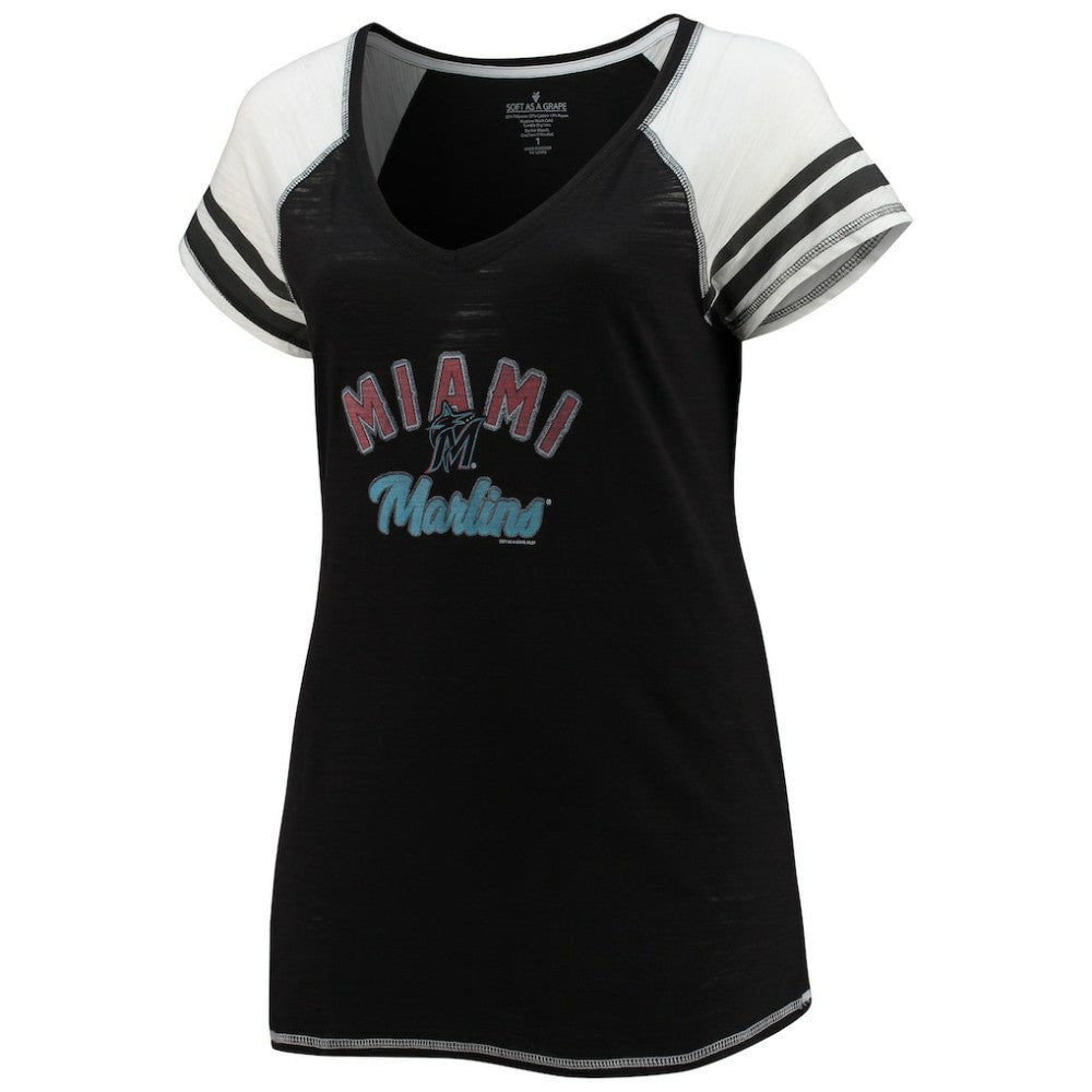 Miami Marlins Soft as a Grape Women's Curvy Color Block Tri-Blend Raglan V-Neck T-Shirt - MLB T-shirts