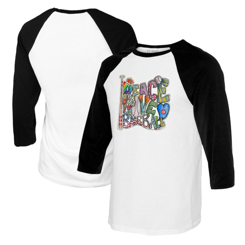 Chicago Cubs Tiny Turnip Women's Peace Love Baseball 3/4-Sleeve Raglan T-Shirt - MLB T-shirts