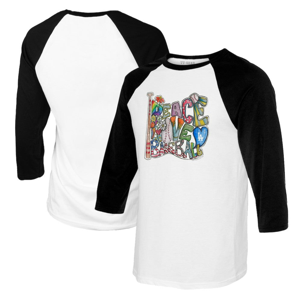 Los Angeles Dodgers Tiny Turnip Women's Peace Love Baseball 3/4-Sleeve Raglan T-Shirt - MLB T-shirts