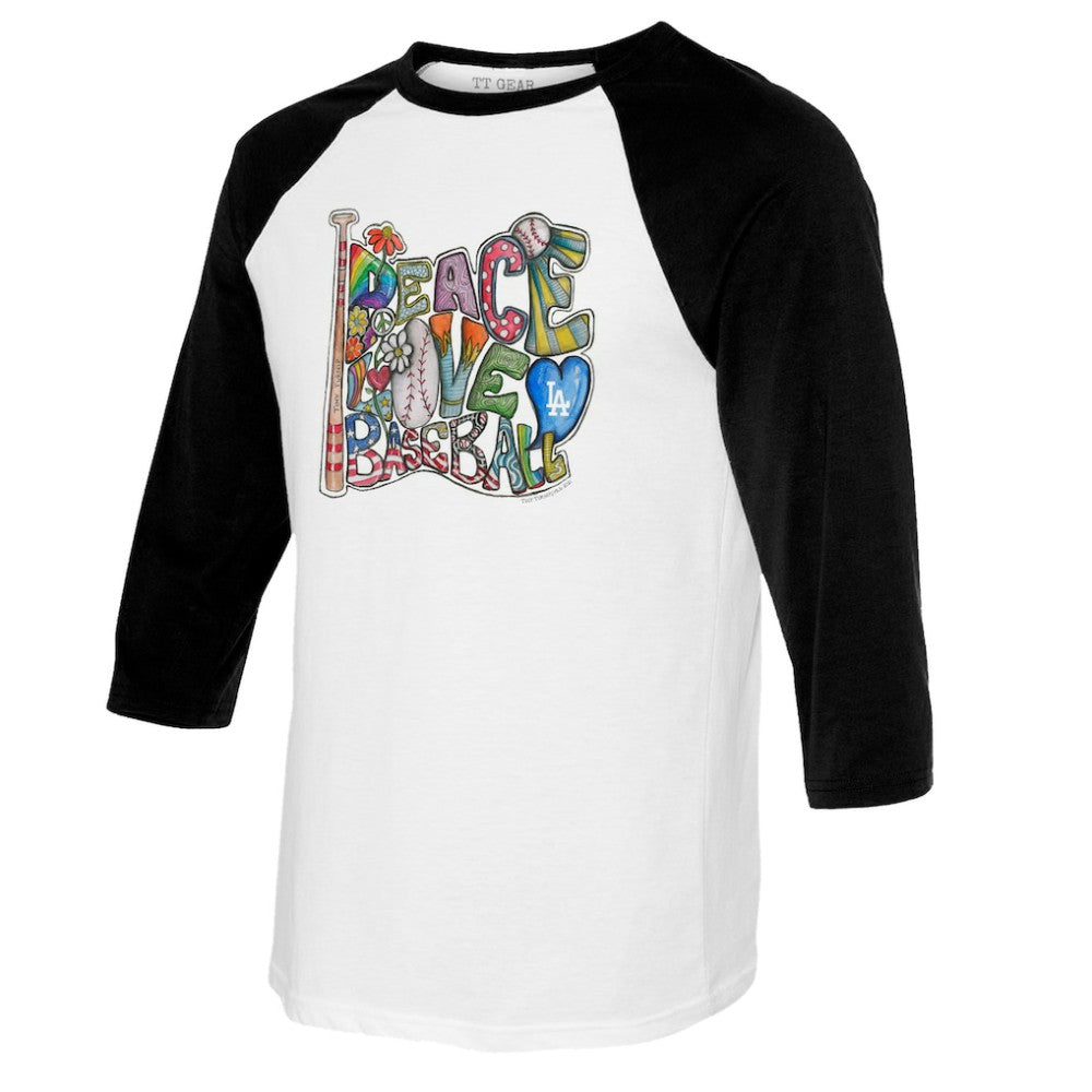 Los Angeles Dodgers Tiny Turnip Women's Peace Love Baseball 3/4-Sleeve Raglan T-Shirt - MLB T-shirts