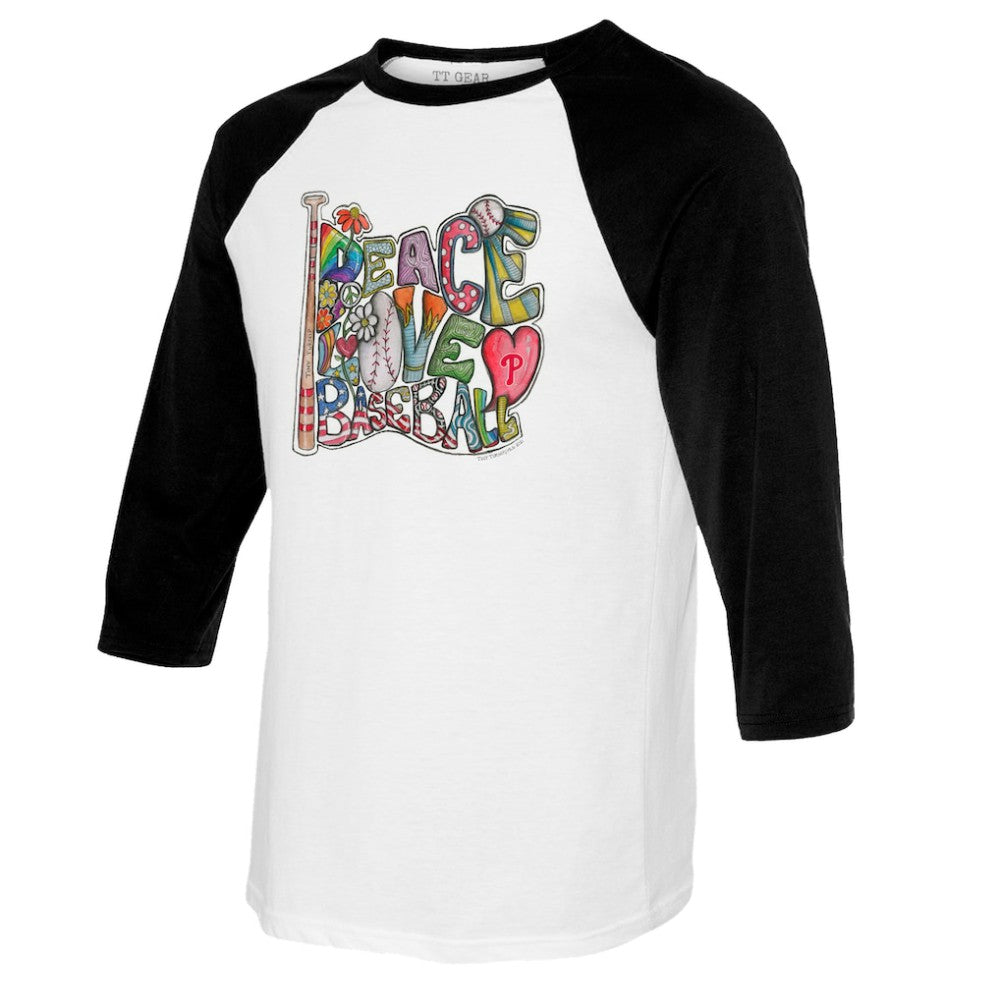 Philadelphia Phillies Tiny Turnip Women's Peace Love Baseball 3/4-Sleeve Raglan T-Shirt - MLB T-shirts