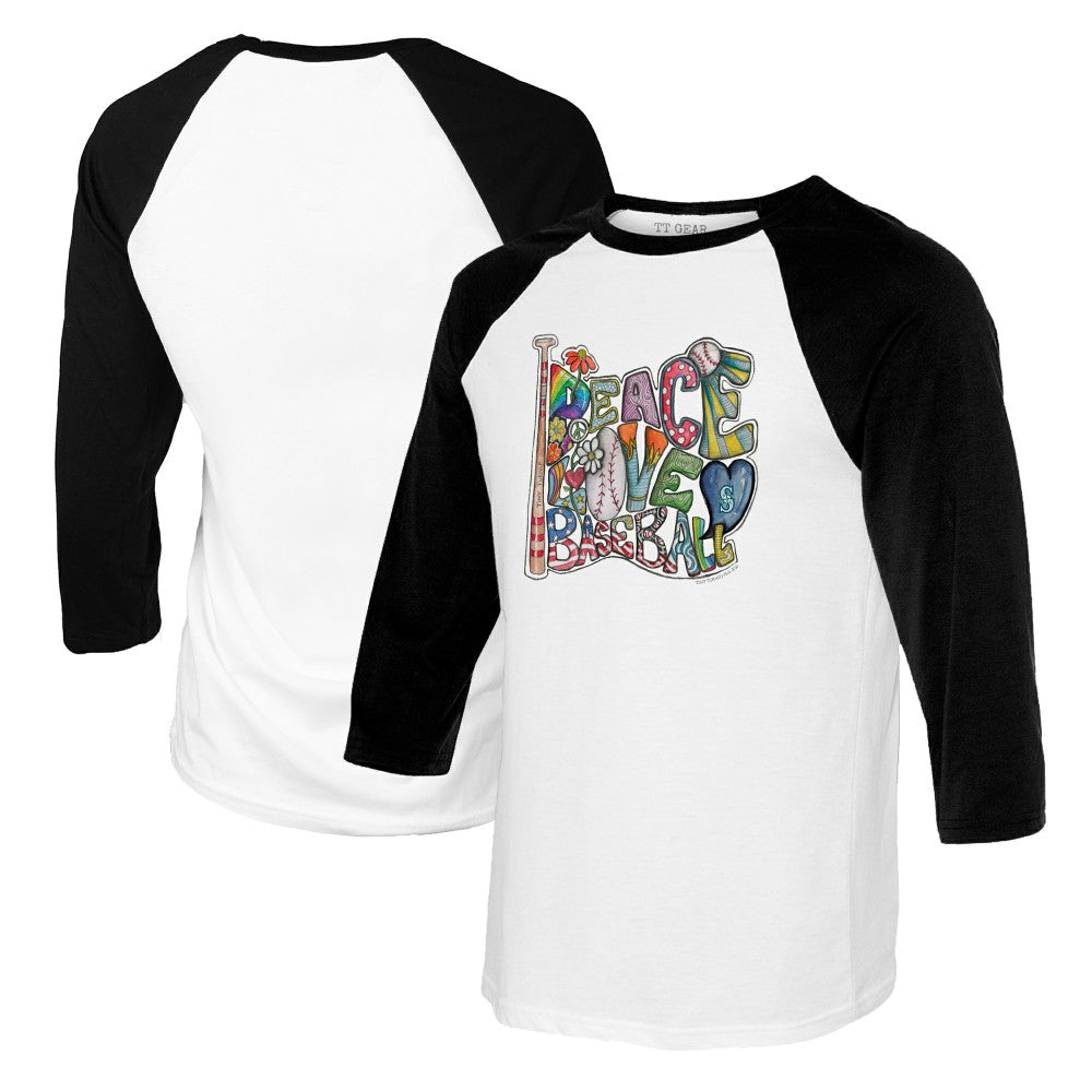 Seattle Mariners Tiny Turnip Women's Peace Love Baseball 3/4-Sleeve Raglan T-Shirt - MLB T-shirts