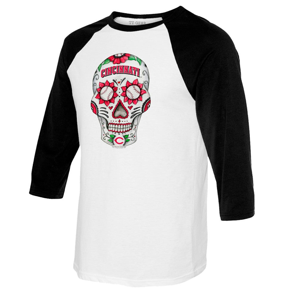 Cincinnati Reds Tiny Turnip Women's Sugar Skull 3/4-Sleeve Raglan T-Shirt - MLB T-shirts