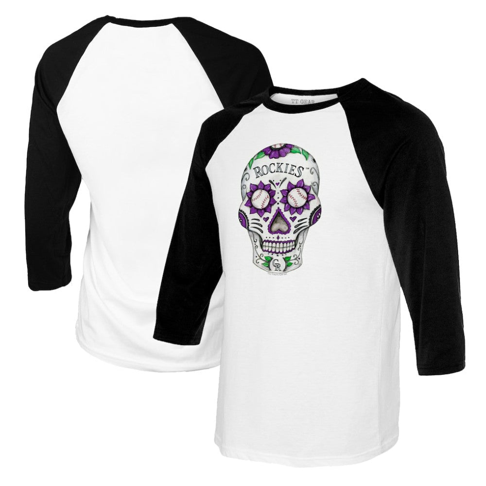 Colorado Rockies Tiny Turnip Women's Sugar Skull 3/4-Sleeve Raglan T-Shirt - MLB T-shirts