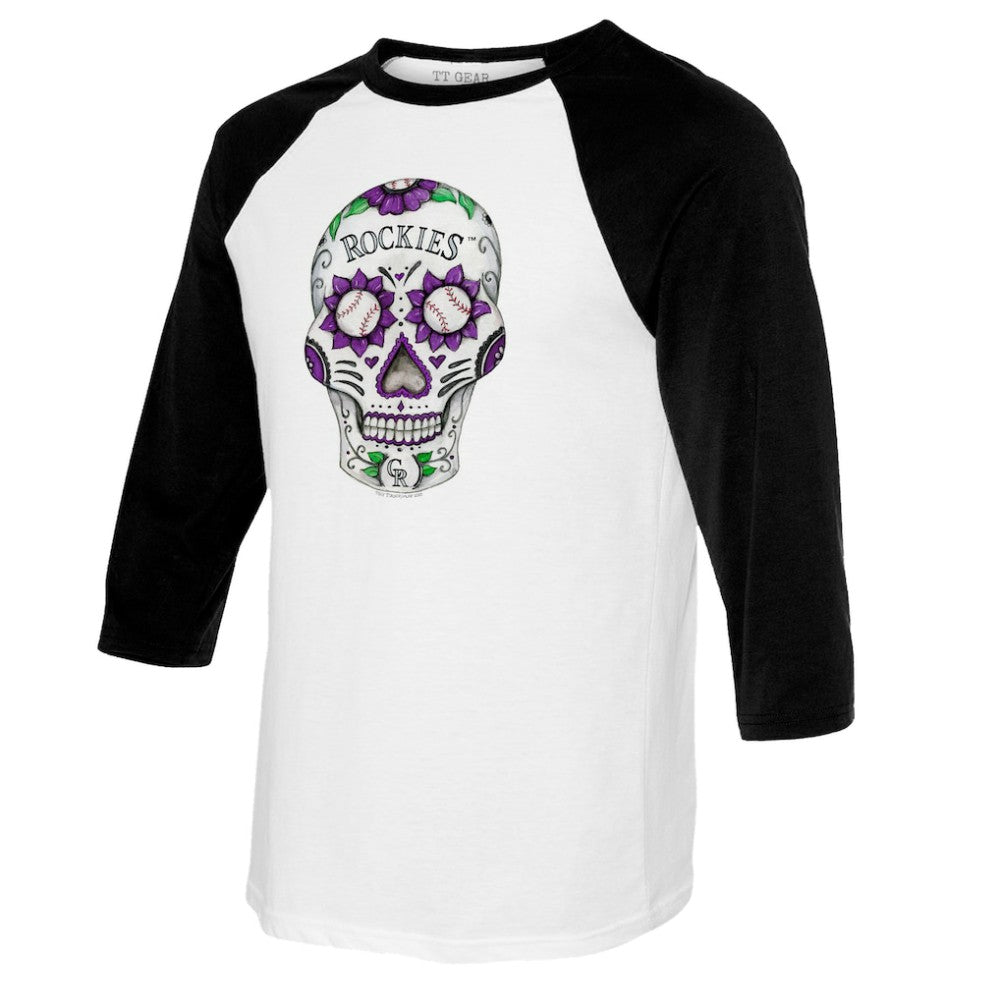 Colorado Rockies Tiny Turnip Women's Sugar Skull 3/4-Sleeve Raglan T-Shirt - MLB T-shirts