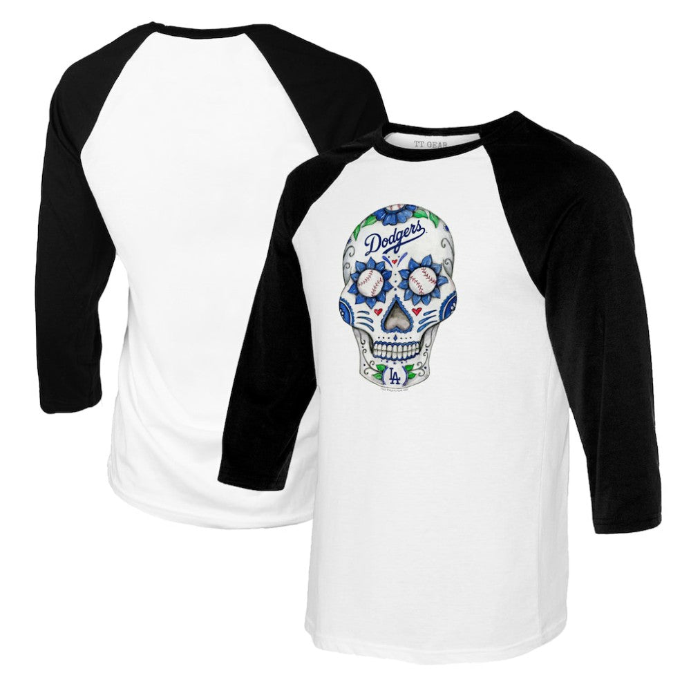 Los Angeles Dodgers Tiny Turnip Youth Sugar Skull Raglan 3/4 Sleeve T-Shirt - MLB T-shirts