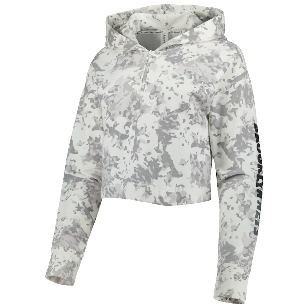 Gray/White Brooklyn Nets Lusso Women's Maia Tri-Blend Cropped Quarter-Zip Top | NBA