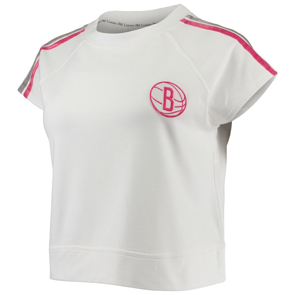 White Brooklyn Nets Lusso Women's Margot Cropped Tri-Blend Cap Sleeve Sweatshirt | NBA