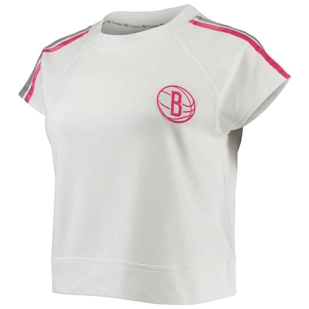 White Brooklyn Nets Lusso Women's Margot Cropped Tri-Blend Cap Sleeve Sweatshirt | NBA
