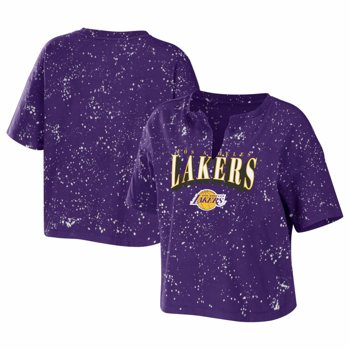 Purple Los Angeles Lakers WEAR by Erin Andrews Women's Bleach Splatter Notch Neck T-Shirt | NBA