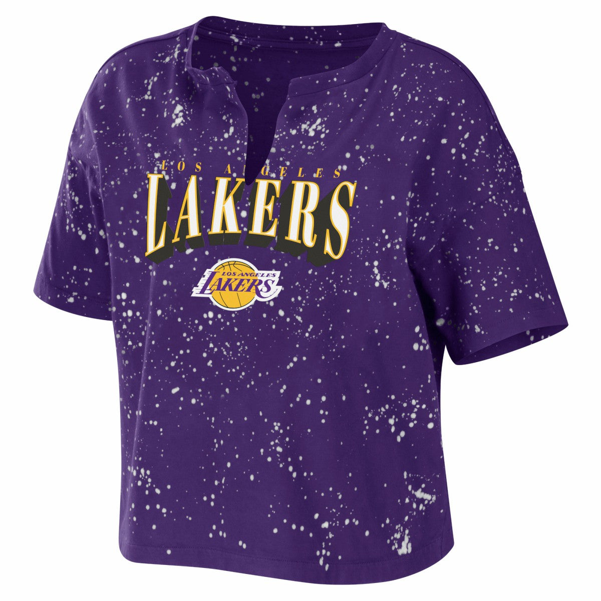 Purple Los Angeles Lakers WEAR by Erin Andrews Women's Bleach Splatter Notch Neck T-Shirt | NBA
