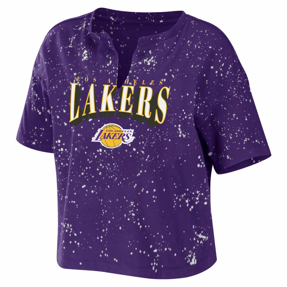 Purple Los Angeles Lakers WEAR by Erin Andrews Women's Bleach Splatter Notch Neck T-Shirt | NBA