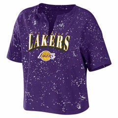 Purple Los Angeles Lakers WEAR by Erin Andrews Women's Bleach Splatter Notch Neck T-Shirt | NBA