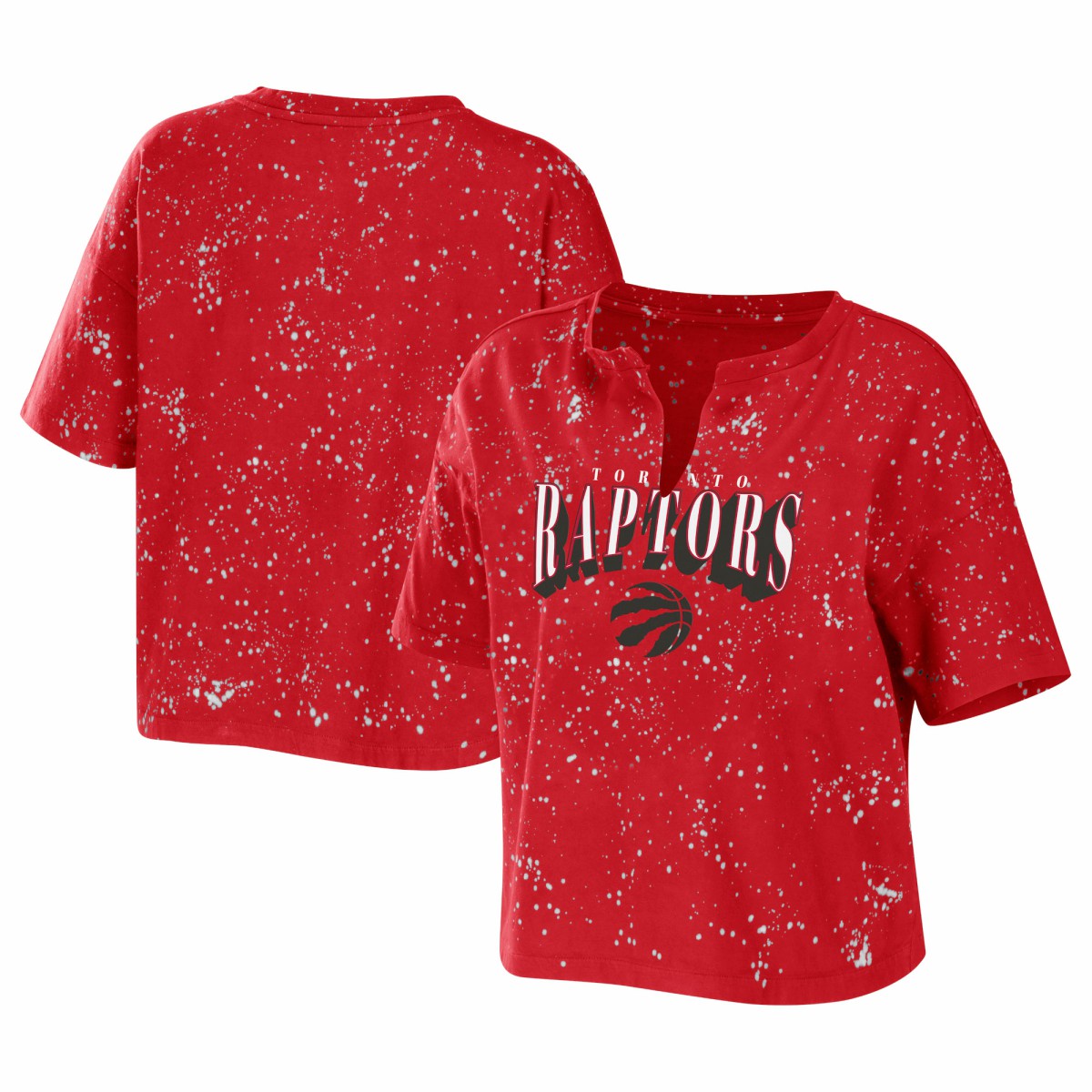 Red Toronto Raptors WEAR by Erin Andrews Women's Bleach Splatter Notch Neck T-Shirt | NBA