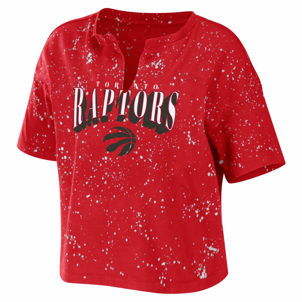 Red Toronto Raptors WEAR by Erin Andrews Women's Bleach Splatter Notch Neck T-Shirt | NBA