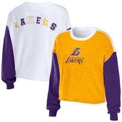 Heather Gold Los Angeles Lakers WEAR by Erin Andrews Women's Mixed Letter Cropped Pullover Sweatshirt | NBA