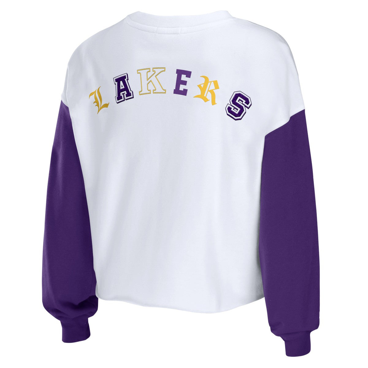 Heather Gold Los Angeles Lakers WEAR by Erin Andrews Women's Mixed Letter Cropped Pullover Sweatshirt | NBA