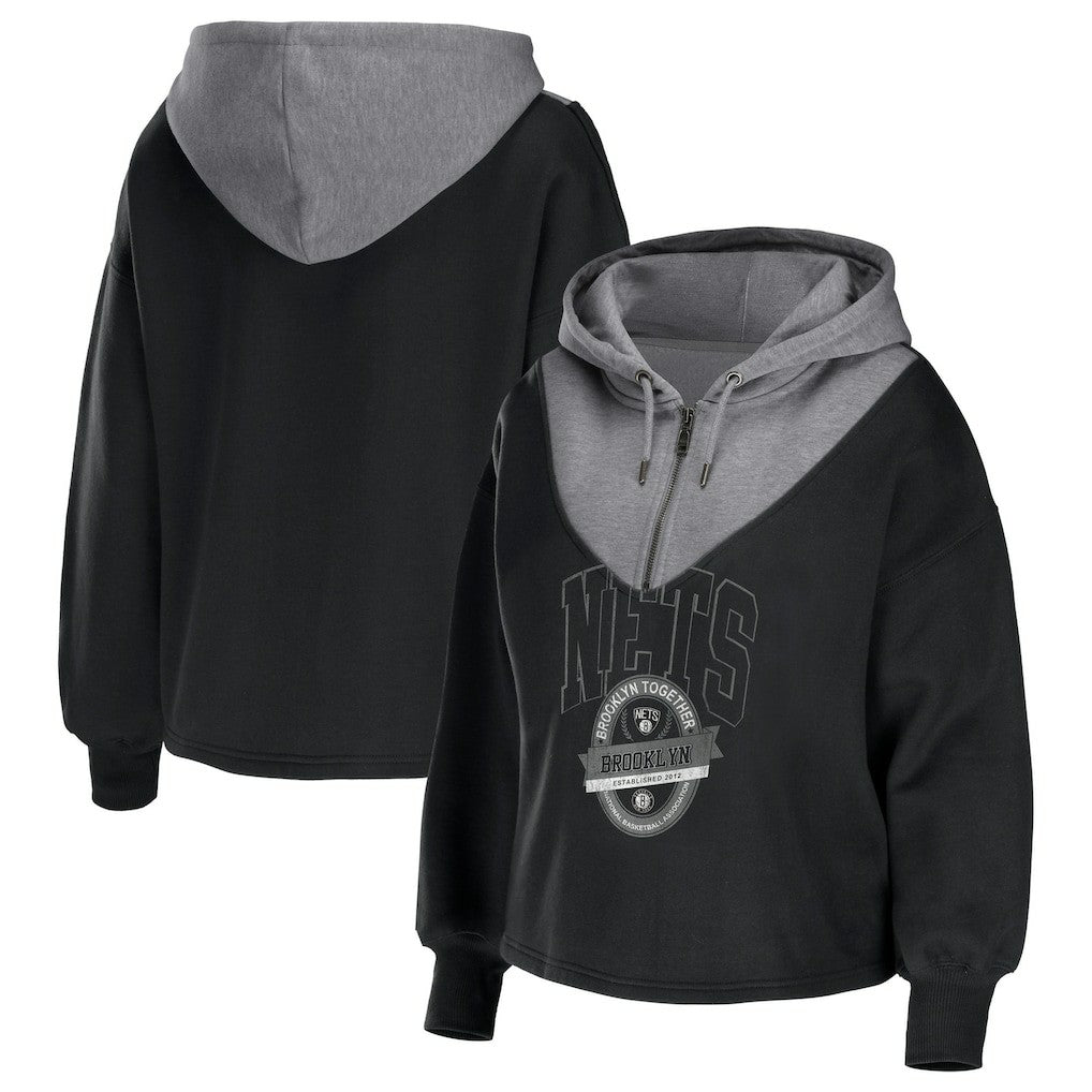 Black Brooklyn Nets WEAR by Erin Andrews Women's Pieced Quarter-Zip Hoodie Jacket | NBA