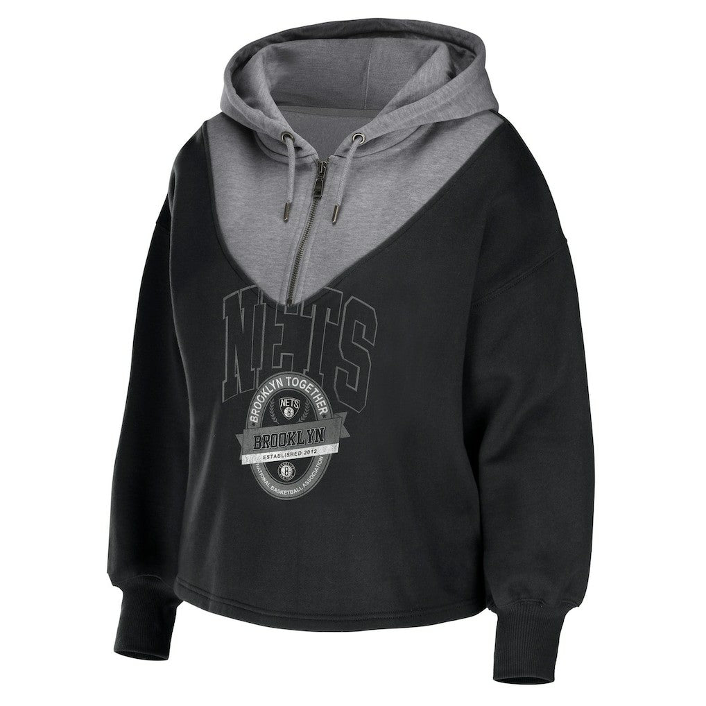 Black Brooklyn Nets WEAR by Erin Andrews Women's Pieced Quarter-Zip Hoodie Jacket | NBA