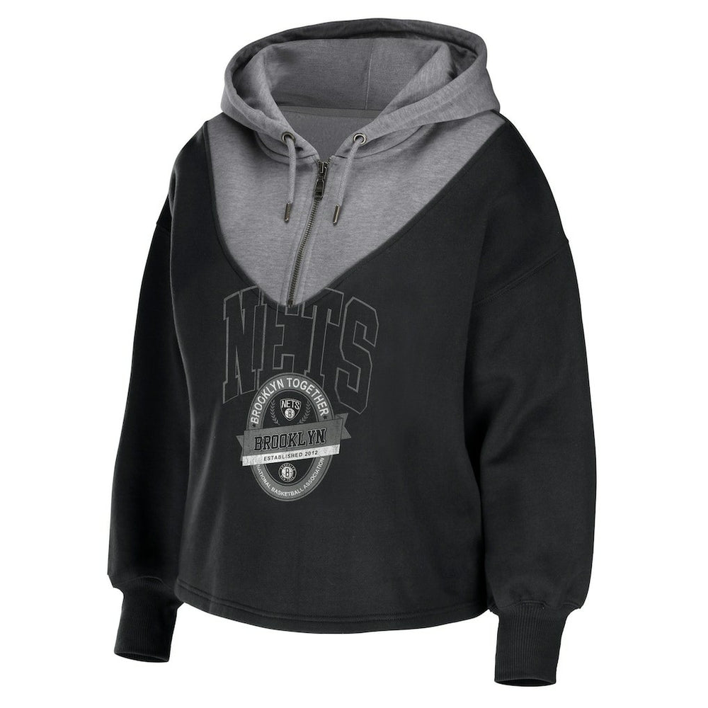 Black Brooklyn Nets WEAR by Erin Andrews Women's Pieced Quarter-Zip Hoodie Jacket | NBA