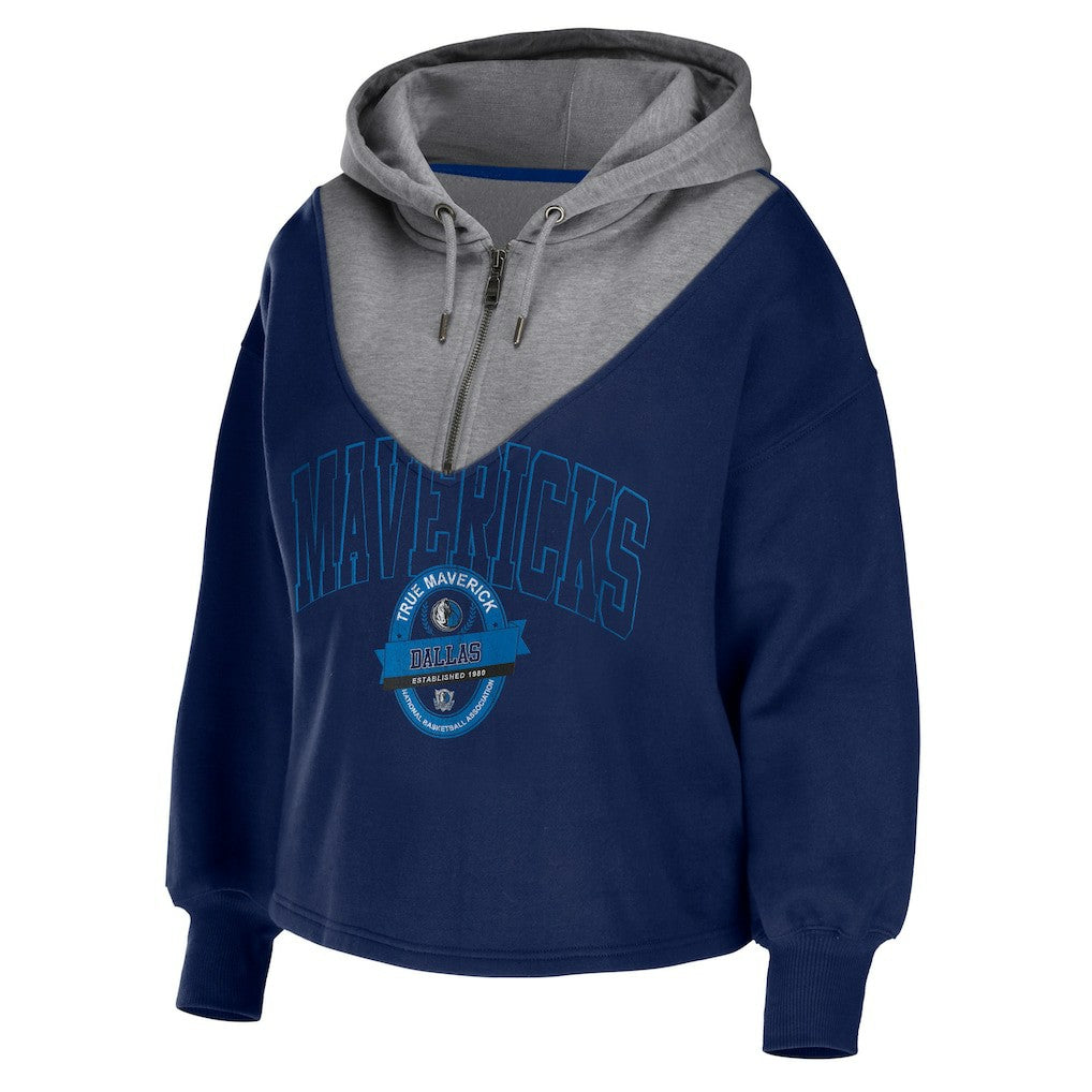 Navy Dallas Mavericks WEAR by Erin Andrews Women's Pieced Quarter-Zip Hoodie Jacket sale | NBA