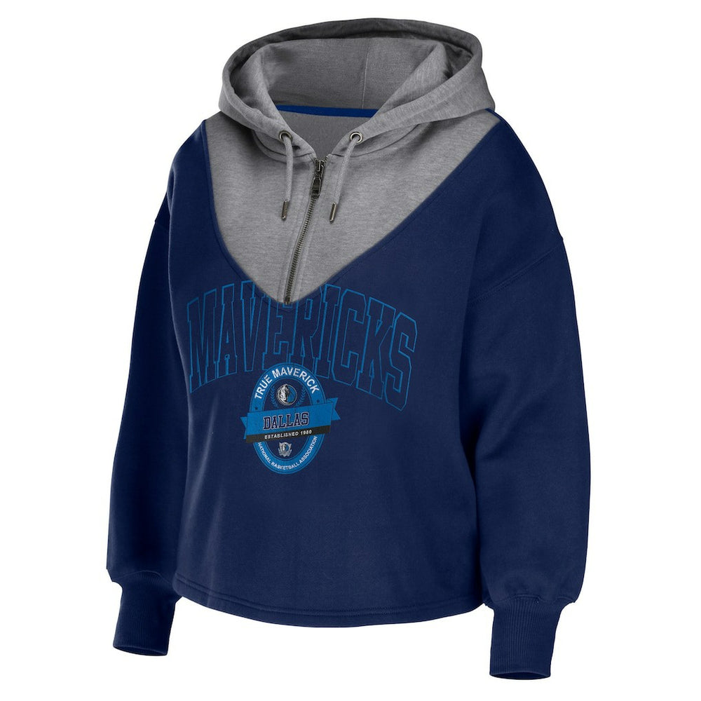 Navy Dallas Mavericks WEAR by Erin Andrews Women's Pieced Quarter-Zip Hoodie Jacket sale | NBA