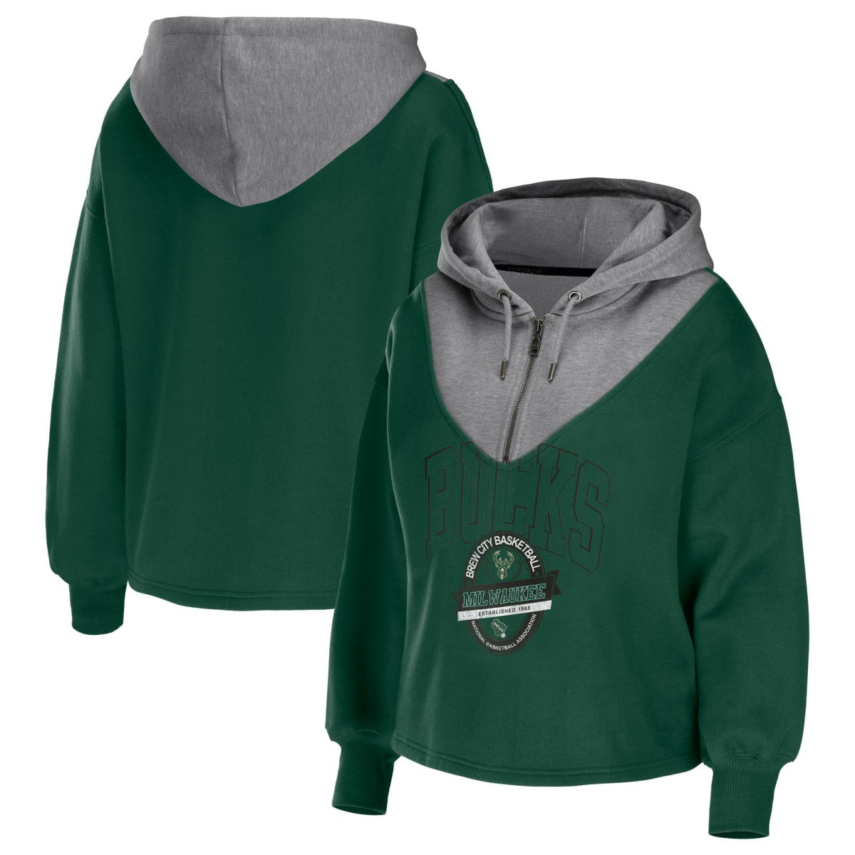 Hunter Green Milwaukee Bucks WEAR by Erin Andrews Women's Pieced Quarter-Zip Hoodie Jacket | NBA