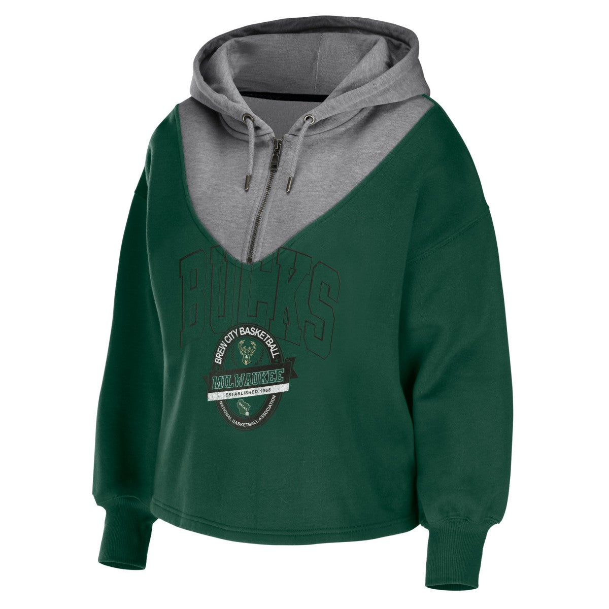 Hunter Green Milwaukee Bucks WEAR by Erin Andrews Women's Pieced Quarter-Zip Hoodie Jacket | NBA
