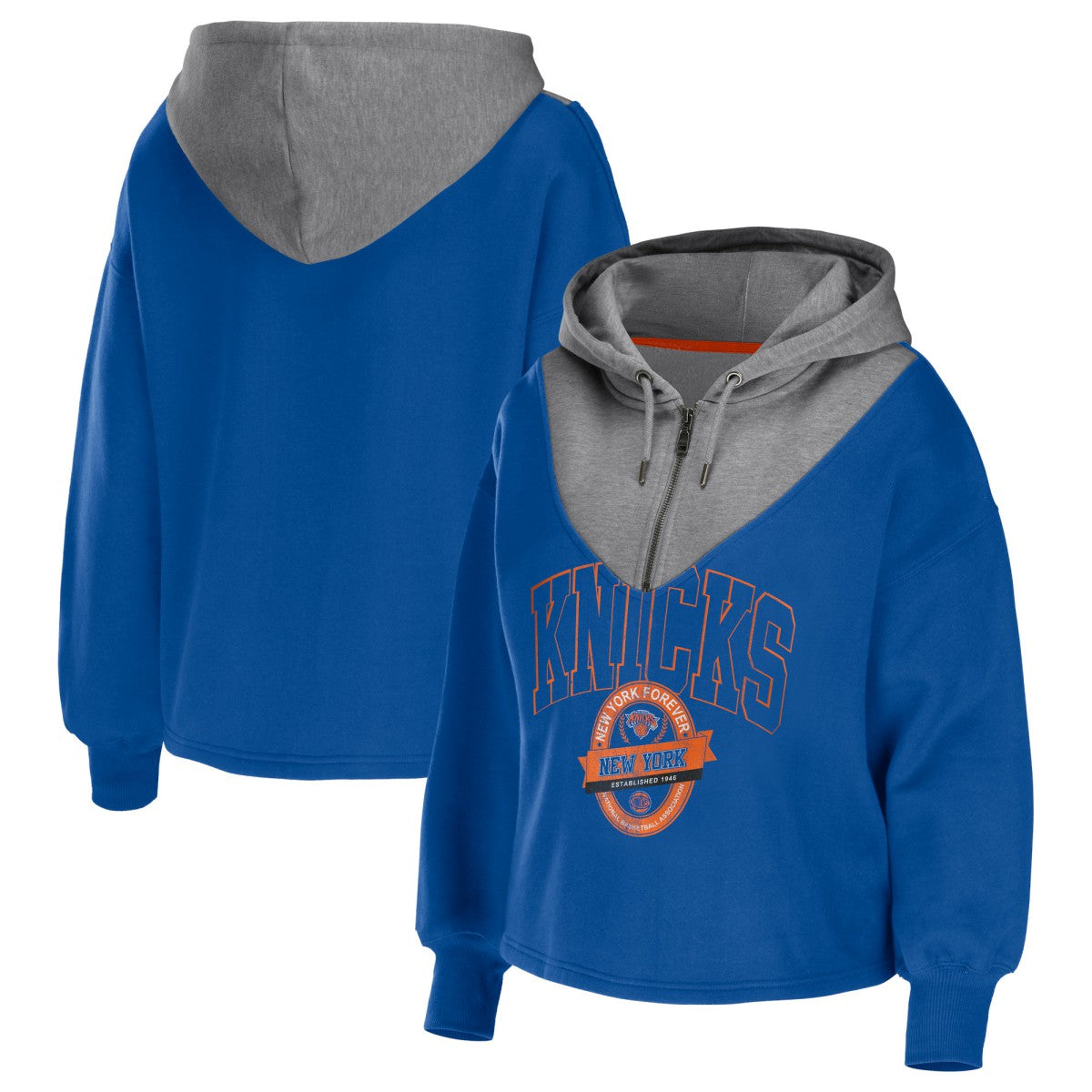 Blue New York Knicks WEAR by Erin Andrews Women's Pieced Quarter-Zip Hoodie Jacket | NBA