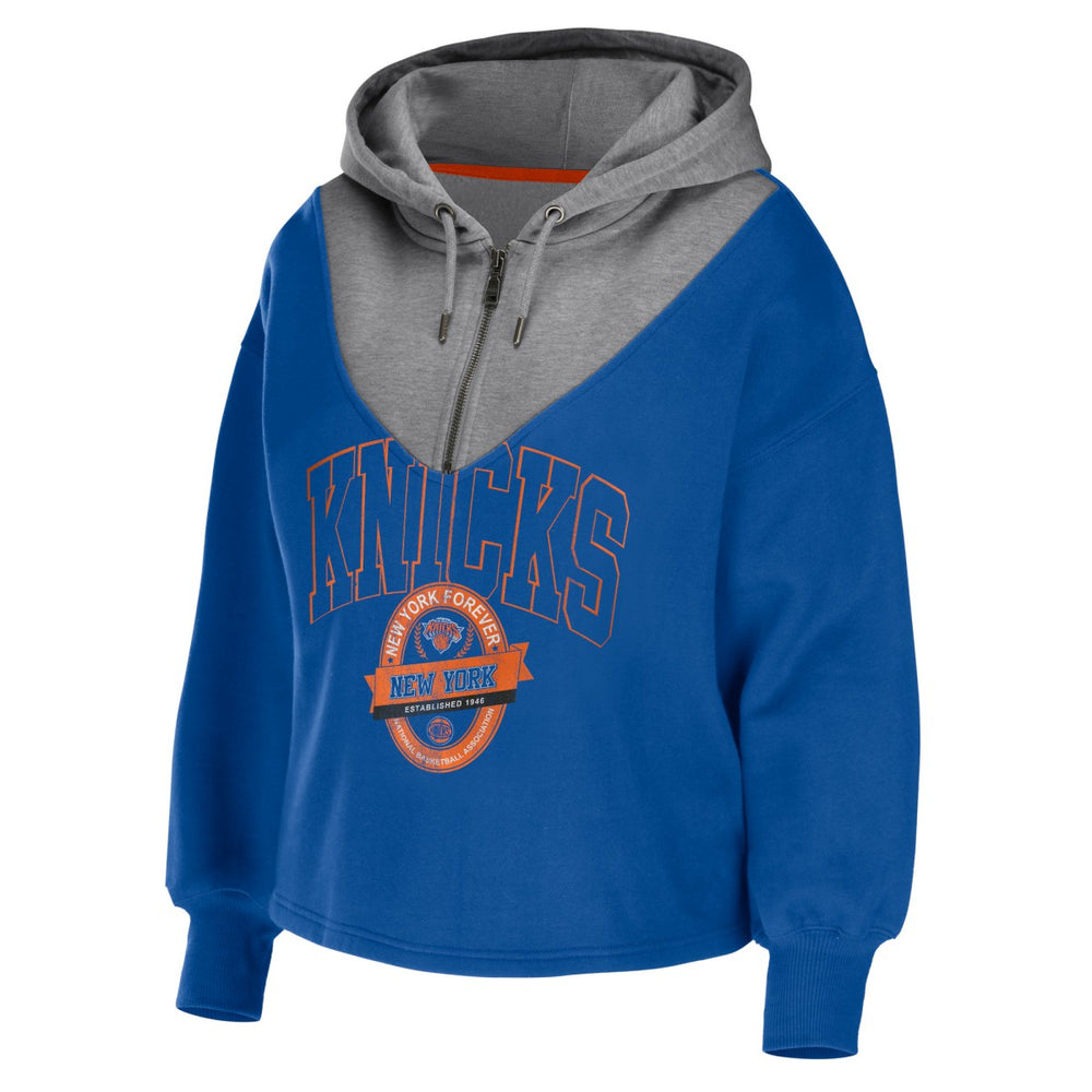 Blue New York Knicks WEAR by Erin Andrews Women's Pieced Quarter-Zip Hoodie Jacket | NBA