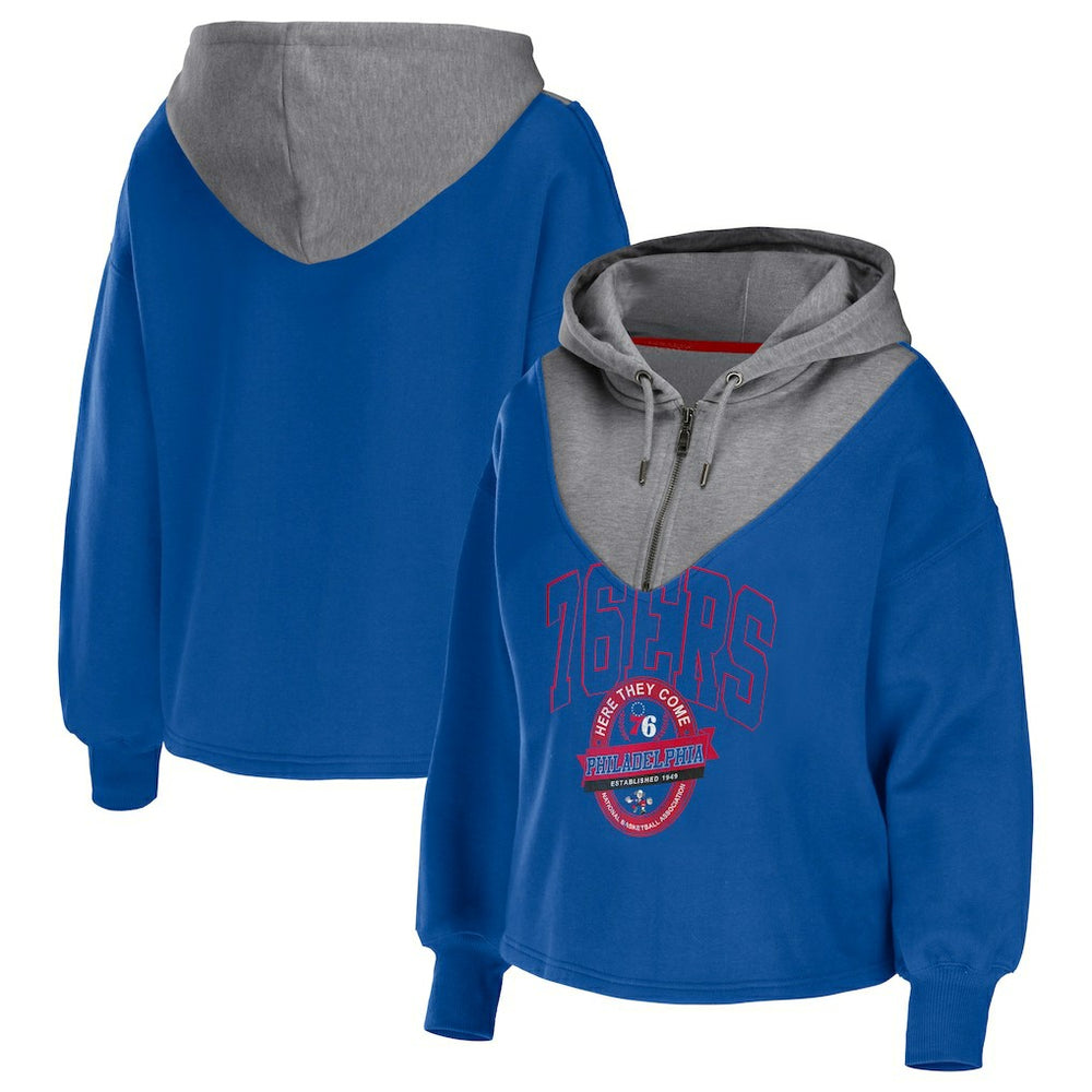 Royal Philadelphia 76ers WEAR by Erin Andrews Women's Pieced Quarter-Zip Hoodie Jacket | NBA