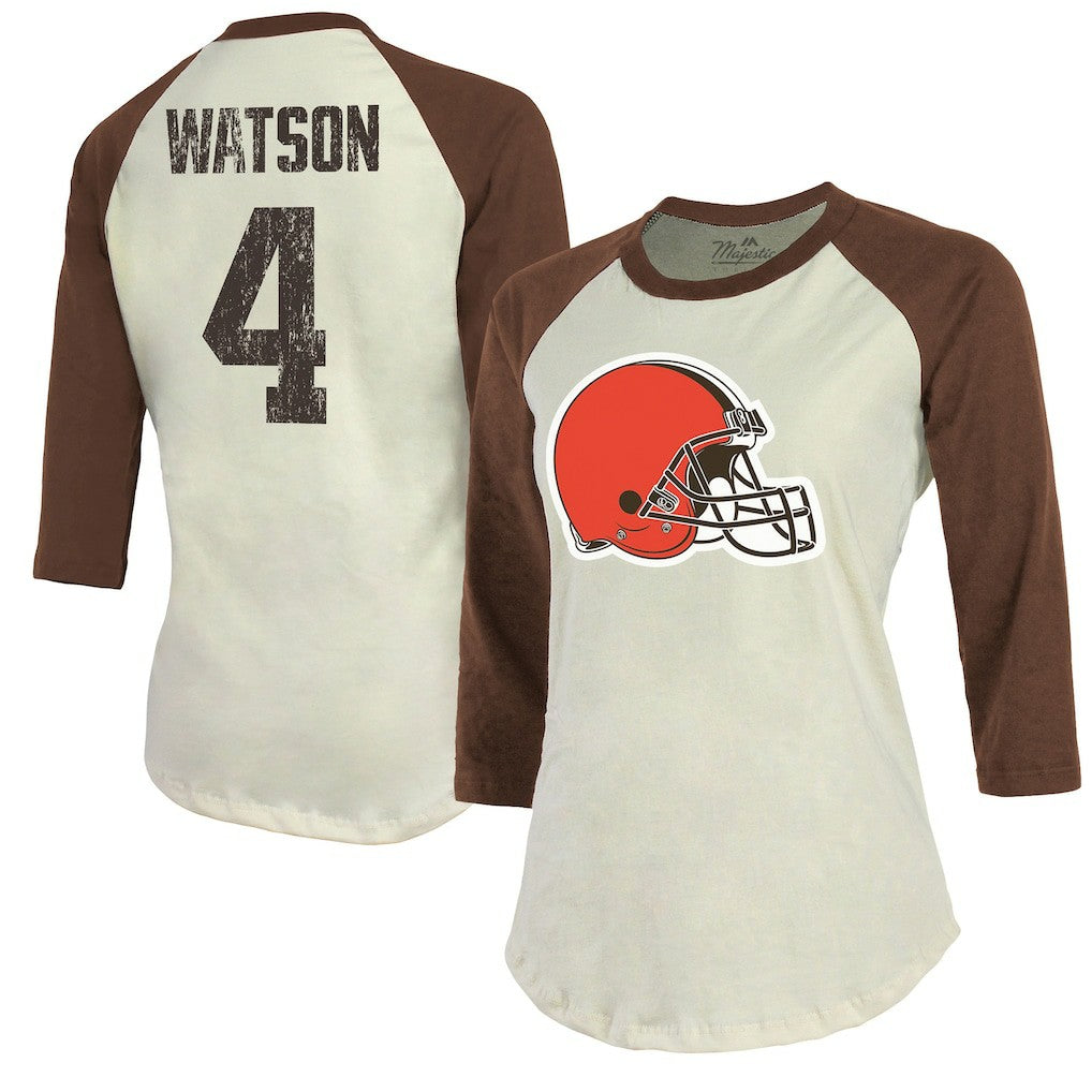 Cleveland Browns Deshaun Watson  Majestic Threads Women's Player Name & Number Tri-Blend Three-Quarter Sleeve T-Shirt | NFL Sale