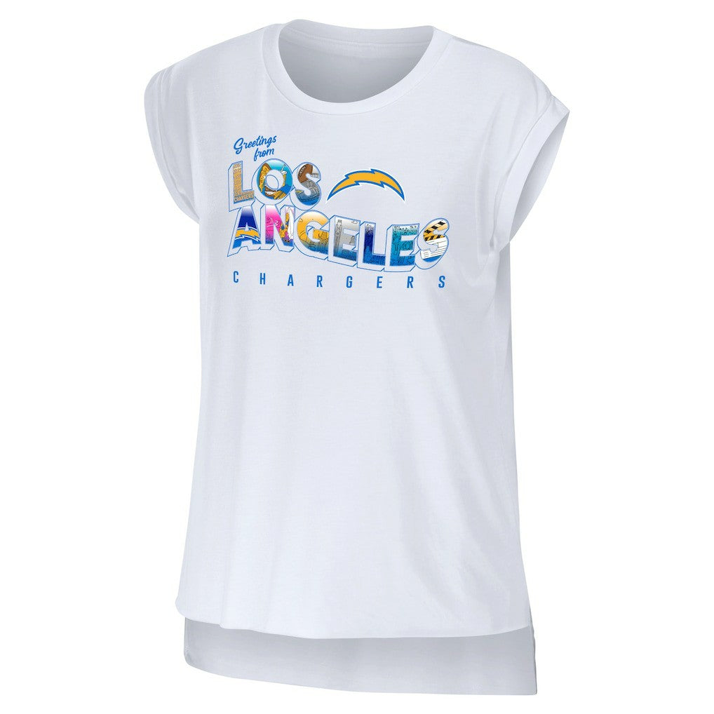 Los Angeles Chargers WEAR by Erin Andrews Women's Greetings From Muscle T-Shirt | NFL Discount