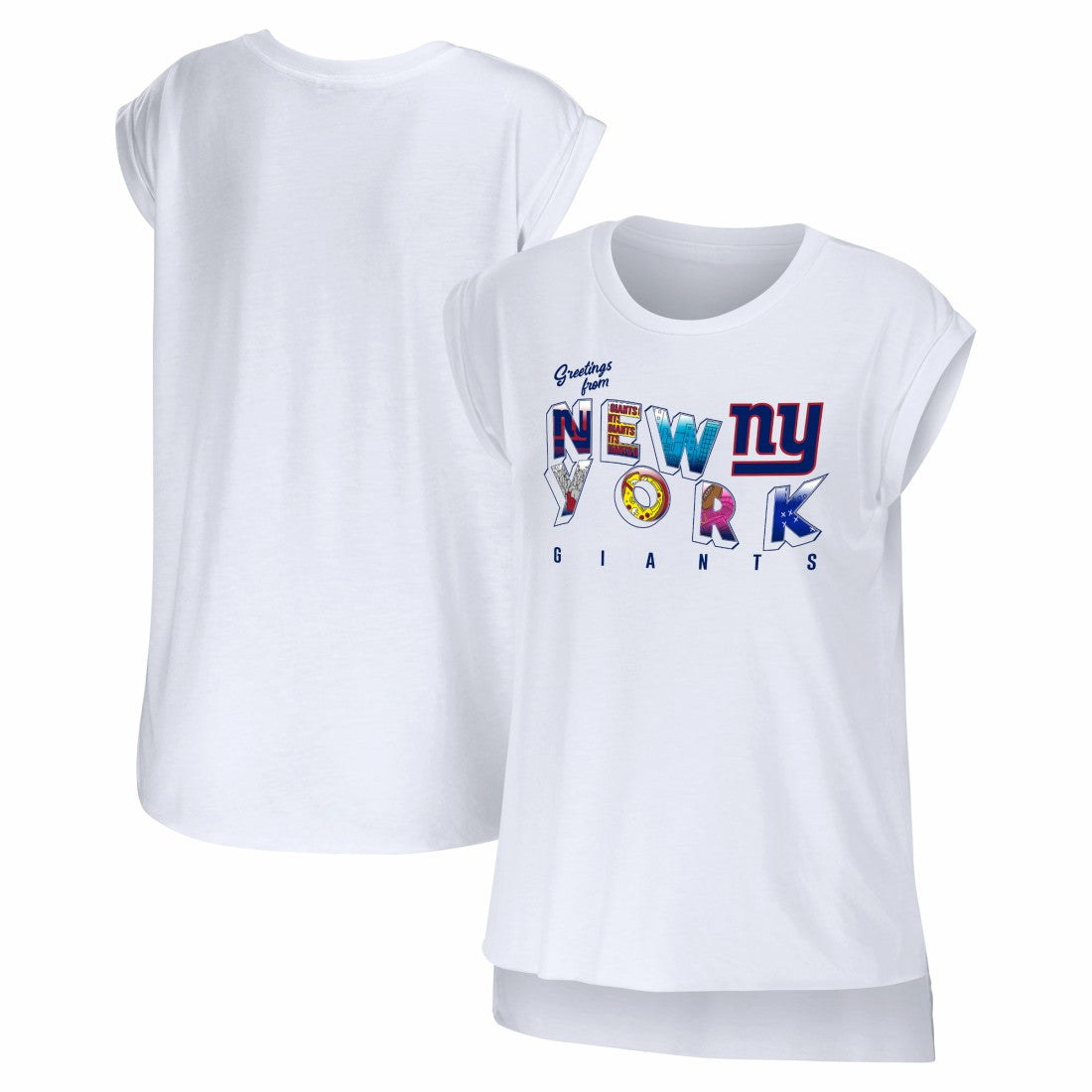 New York Giants WEAR by Erin Andrews Women's Greetings From Muscle T-Shirt | NFL Discount