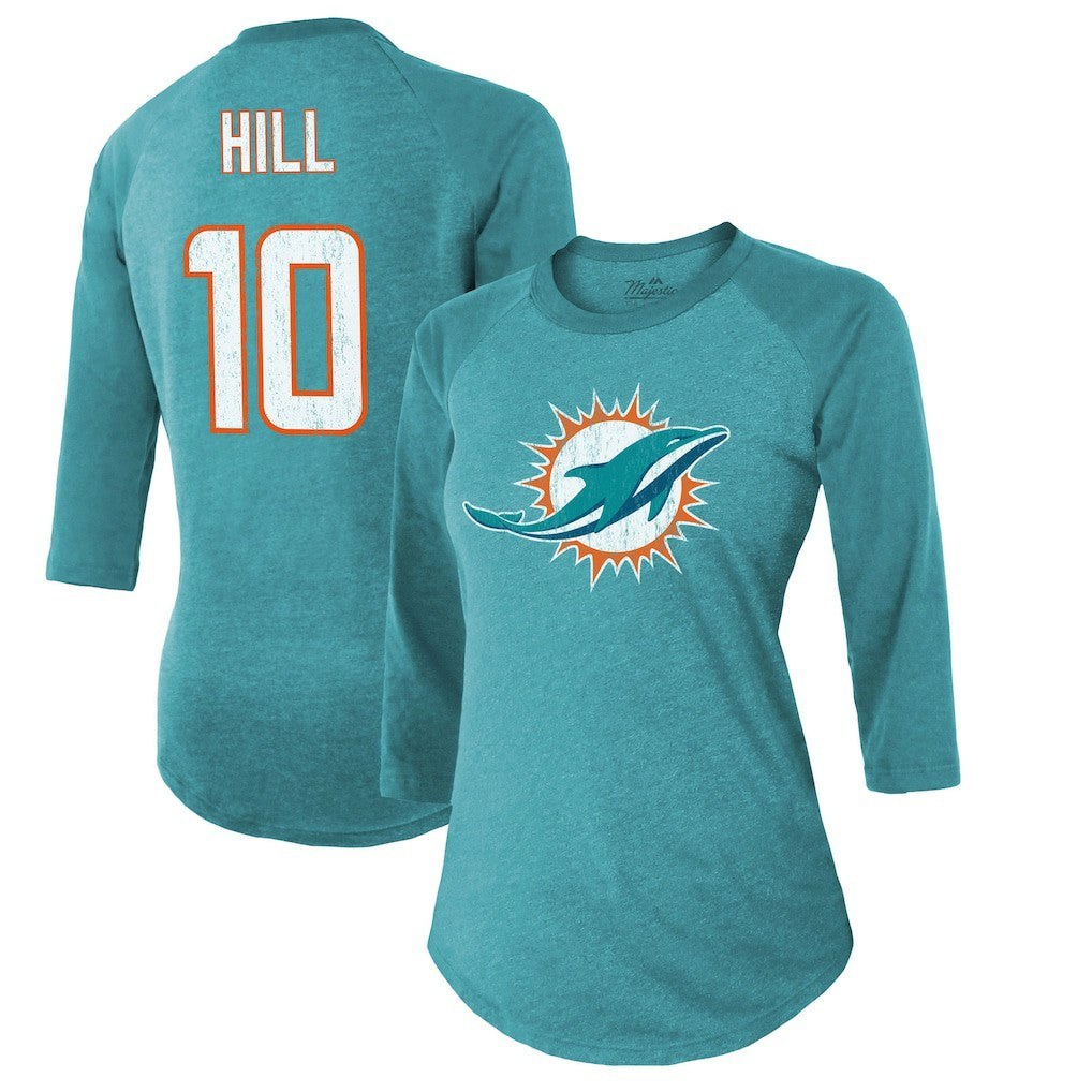 Miami Dolphins Tyreek Hill  Majestic Threads Women's Name & Number Raglan 3/4 Sleeve T-Shirt | NFL US