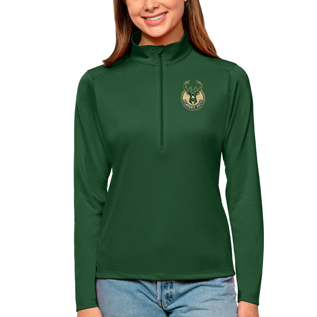 Hunter Green Milwaukee Bucks Antigua Women's Tribute Half-Zip Top | NBA