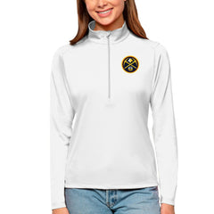 White Denver Nuggets Antigua Women's Tribute Half-Zip Top sale | NBA