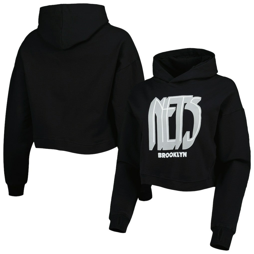 Black Brooklyn Nets Lusso Women's Layla World Tour Cropped Pullover Hoodie | NBA
