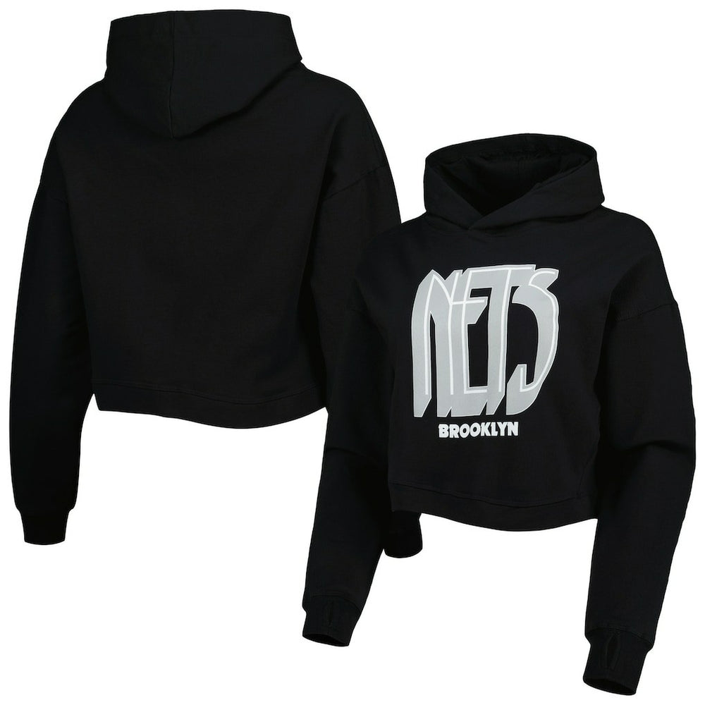Black Brooklyn Nets Lusso Women's Layla World Tour Cropped Pullover Hoodie | NBA