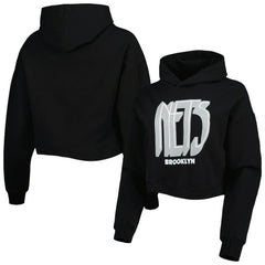 Black Brooklyn Nets Lusso Women's Layla World Tour Cropped Pullover Hoodie | NBA