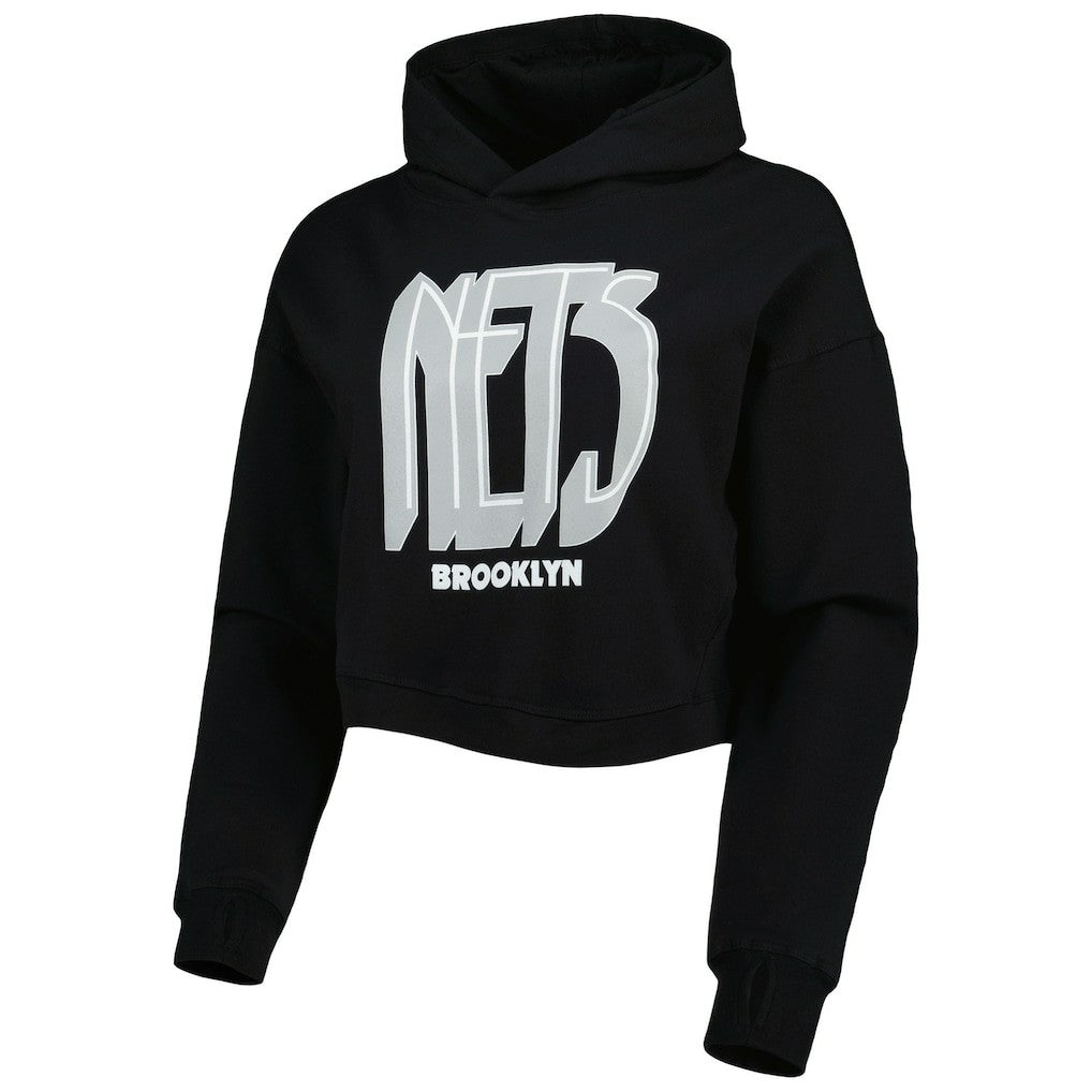Black Brooklyn Nets Lusso Women's Layla World Tour Cropped Pullover Hoodie | NBA