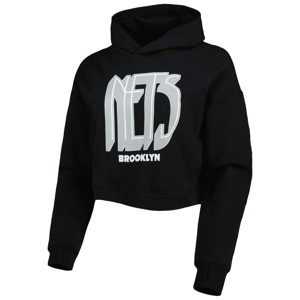 Black Brooklyn Nets Lusso Women's Layla World Tour Cropped Pullover Hoodie | NBA
