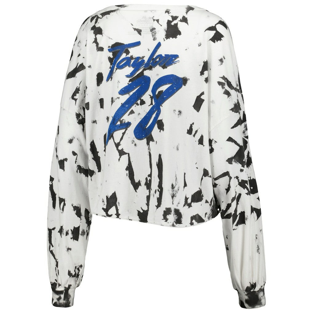 Indianapolis Colts Jonathan Taylor  Majestic Threads Women's Off-Shoulder Tie-Dye Name & Number Cropped Long Sleeve V-Neck T-Shirt | NFL US
