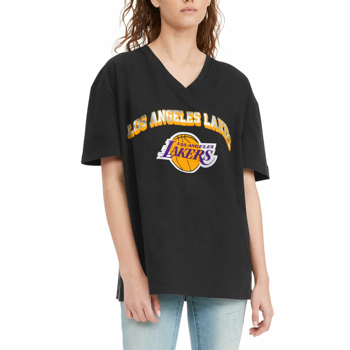 Black Los Angeles Lakers Tommy Jeans Women's Ashley V-Neck T-Shirt | NBA