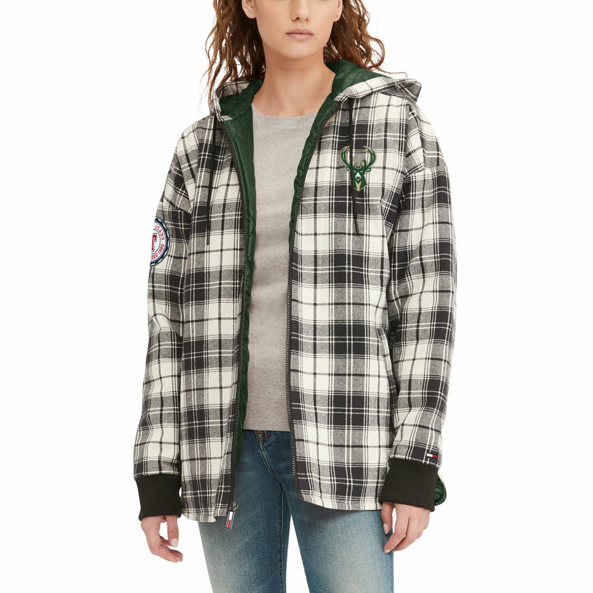 Black/Cream Milwaukee Bucks Tommy Jeans Women's Molly Flannel Full-Zip Hoodie | NBA